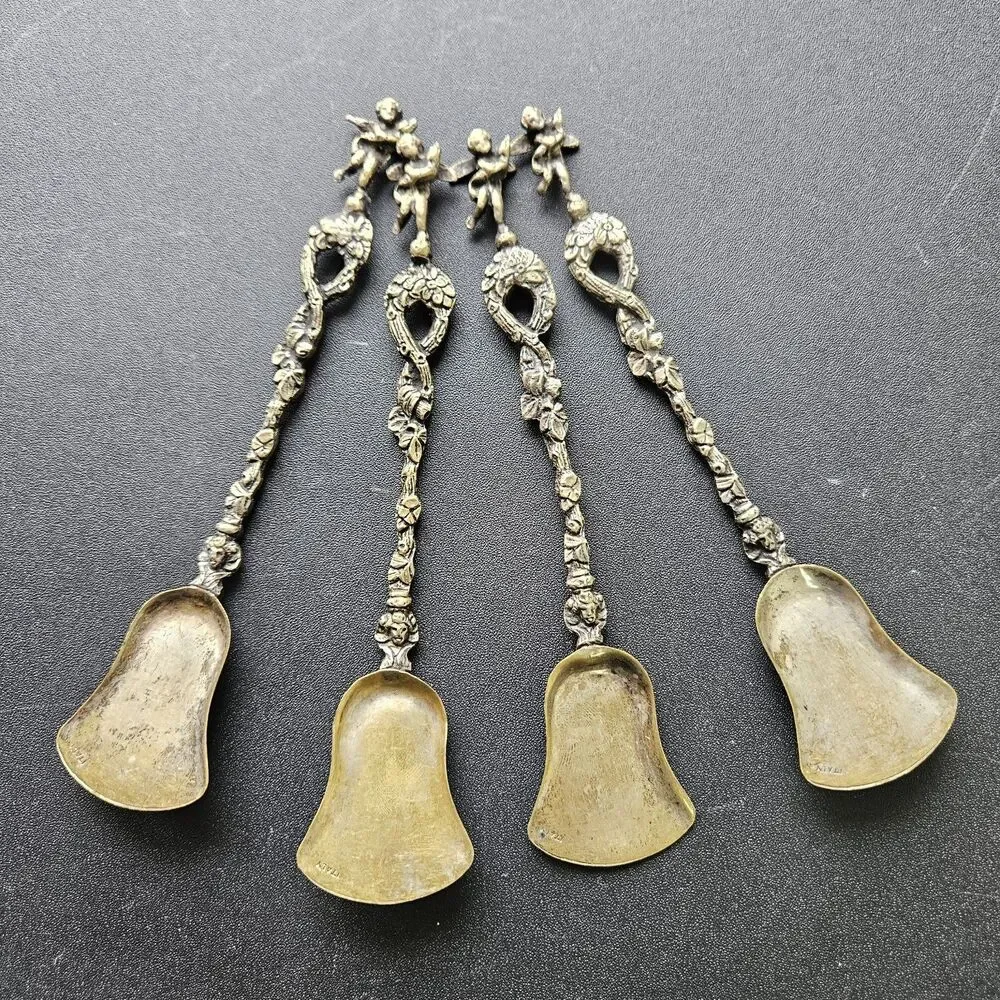 Set of 4 Vintage Italian Cherub Shovel Spoons Brass Toned Putti Angel Italy